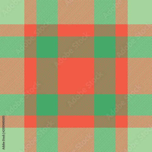 Minimal tartan seamless pattern, real plaid fabric background. Glamour textile texture check vector in green and red colors.