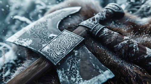 Decorated Viking axe and sword with intricate carvings in snow. AI-generated.