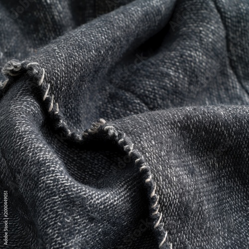 Dark coarse fabric with visible fibers and folds in macro view. AI-generated.