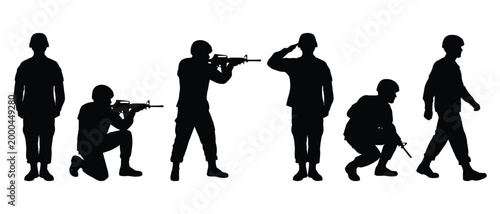 Collection of black silhouettes of soldiers in different military poses and actions.