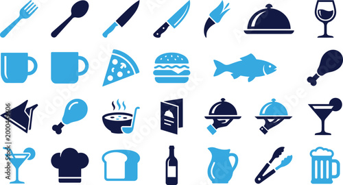 Blue and dark blue vector icons for food and drink dining utensils and kitchenware.