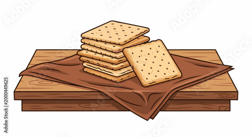 A stack of square crackers with a single cracker leaning on a brown napkin on a wooden surface