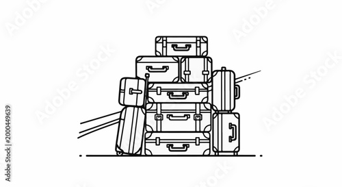 A stack of various travel bags, some with wheels, are piled high