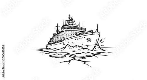 A stark, black and white line drawing depicts a large icebreaker ship navigating through frozen waters