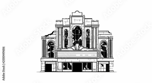 A stark, black and white illustration of a grand, dilapidated building with broken windows