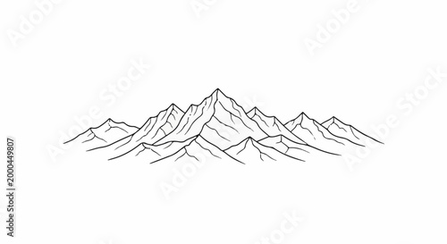 A stark, stylized line drawing of a mountain range with sharp peaks