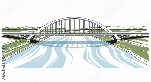 A sketch of an arched bridge crossing a river with a reflected image