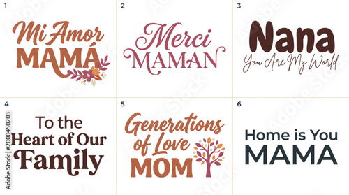 Mother's Day Collection of multilingual motherhood quotes and family sentiments for greeting card design and personalized gift merchandise