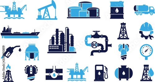 Industrial oil and gas industry icons in blue and dark blue.