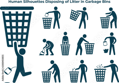Collection of human silhouettes demonstrating proper litter disposal and waste management practices in various situations