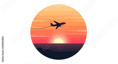 Airplane Flying at Sunset in Circular Vector Illustration