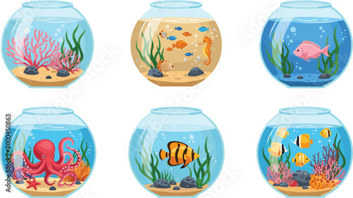 Schilderij op canvas Colorful Aquarium Fish Bowl Icon Set with Coral, Plants, and Marine Creatures fo