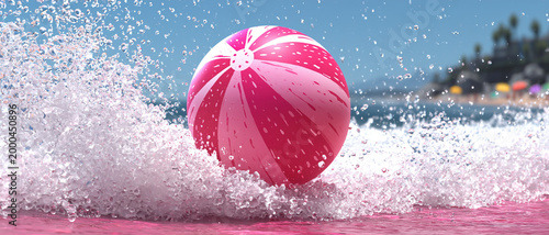 Pink Beach Ball Hitting Ocean Wave With Dramatic Splash On Sunny Summer Shoreline