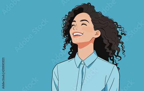 Joyful curly haired woman laughing happily in flat illustration style