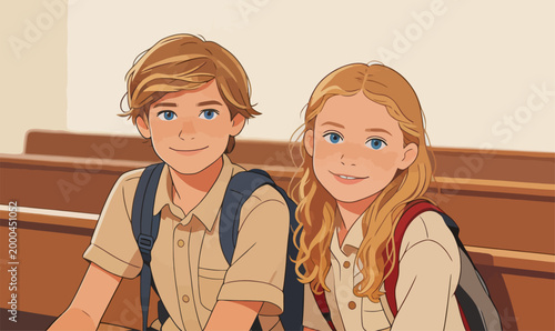 Two smiling schoolchildren sitting in classroom interior