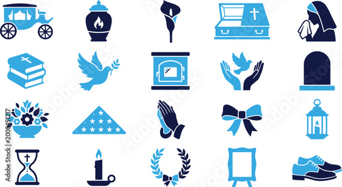 Set of funeral and memorial flat icons for web design and graphic elements.
