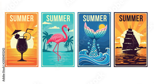 Vintage summer travel posters collection, retro tropical vacation illustrations with flamingo and mermaid, set of 4 nostalgic beach holiday vector cards isolated PNG with Transparent Background