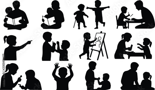 Parents with Kids Silhouette Icon Collection Set Family Parents and Children