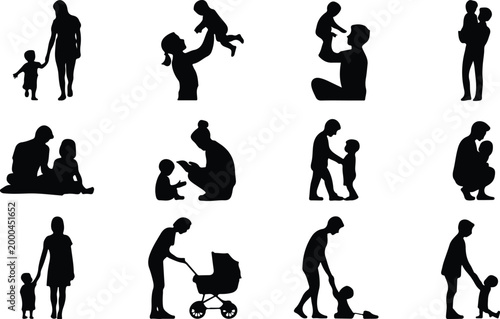 Parents with Kids Silhouette Icon Collection Set Family Parents and Children