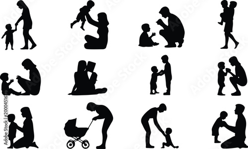 Parents with Kids Silhouette Icon Collection Set Family Parents and Children