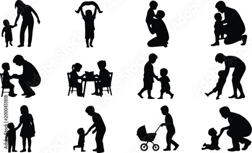 Parents with Kids Silhouette Icon Collection Set Family Parents and Children