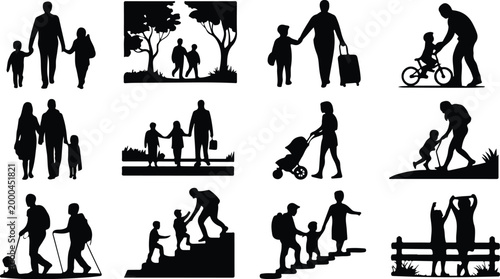 Parents with Kids Silhouette Icon Collection Set Family Parents and Children