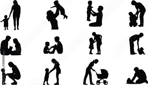 Parents with Kids Silhouette Icon Collection Set Family Parents and Children