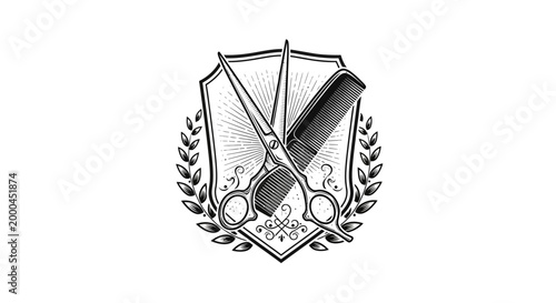 Black and White Vector Emblem with Shield and Laurel Wreath