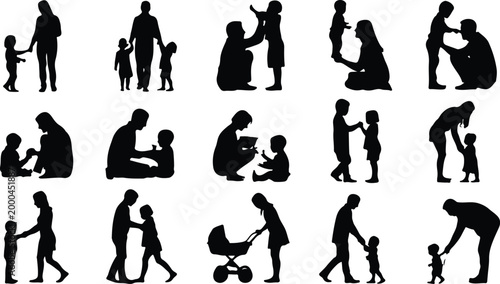 Parents with Kids Silhouette Icon Collection Set Family Parents and Children