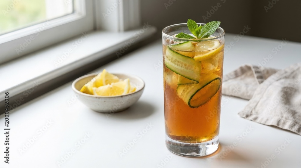 Fototapeta premium A chilled lemon and cucumber tea in a clear glass with citrus slices and fresh cucumber ribbons, clean white surface and subtle condensation, refreshing calm mood with bright natural light,