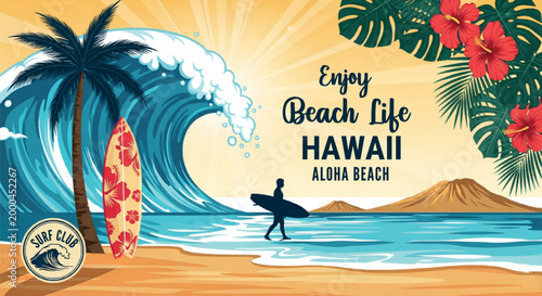 Vintage Hawaii beach life vector illustration, retro surf club poster with ocean wave and palm tree, tropical summer vacation banner isolated PNG with Transparent Background