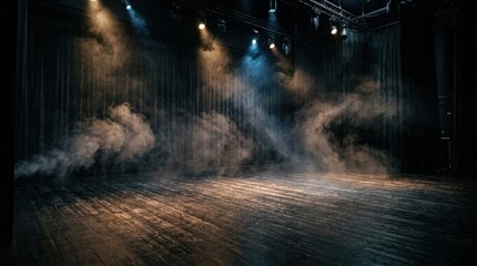 Dim wooden floor with swirling smoke, dramatic moody backdrop for stage or presentation, atmospheric haze, low light, realistic detail, no logos