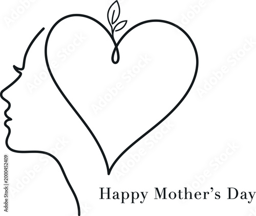 Mother's Day Minimalist female profile with heart and leaf symbol for Mother's Day greeting card and maternal health awareness branding