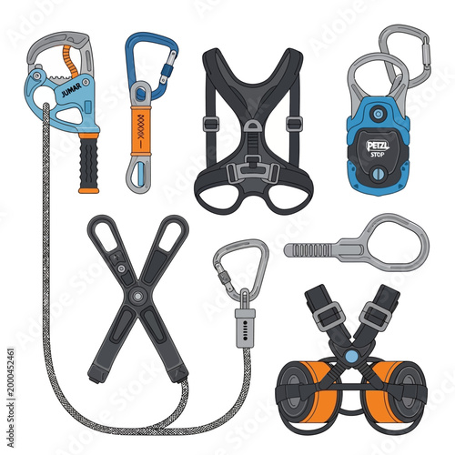 Climbing and Safety Gear: Harness, Carabiners, Rope, Descender, Lanyard