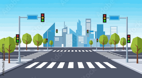 City Traffic Intersection with Crosswalk and Traffic Lights, Urban Street Scene