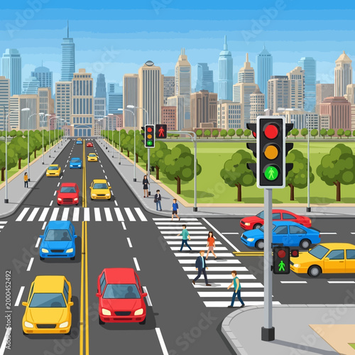 City Traffic Intersection with Crosswalk and Traffic Lights, Urban Commute
