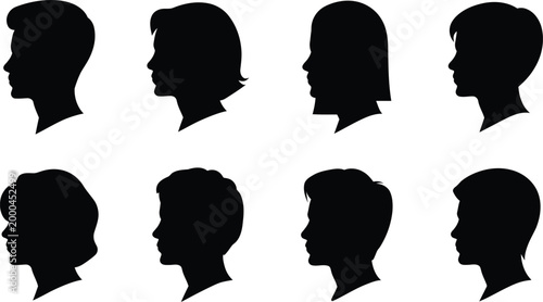 Collection of diverse male and female head profile silhouettes showcasing different hairstyles and facial features isolated on transparent background