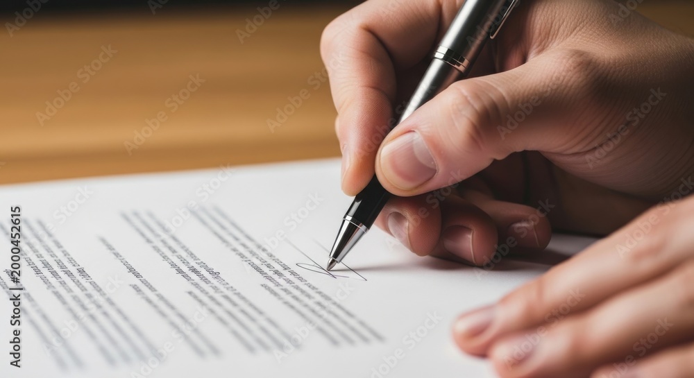 Naklejka premium Person signing important document with elegant pen on paper