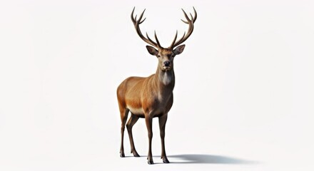 Majestic Stag With Antlers Standing Against White Background Wildlife Stock Photo