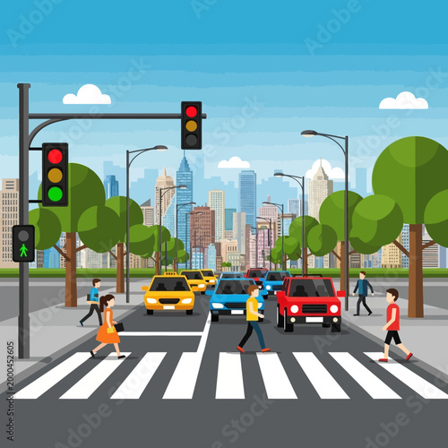 City traffic intersection with pedestrians crossing at a crosswalk and traffic lights