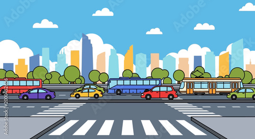 City Traffic Scene with Cars, Bus, Tram, and Pedestrian Crossing
