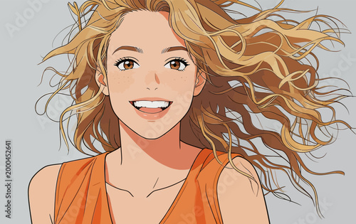 Cheerful young woman with flowing curly blonde hair