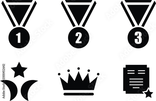 Collection of award and achievement icons including medals with numbers a crown a star and a document with a star