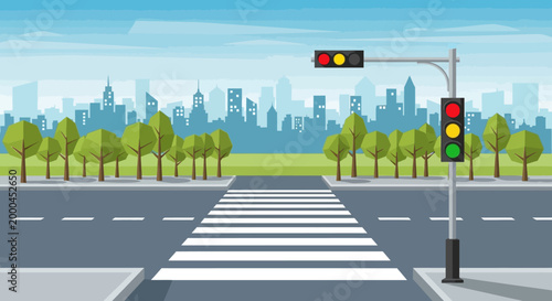 Cityscape crosswalk with traffic light and pedestrian crossing in urban environment