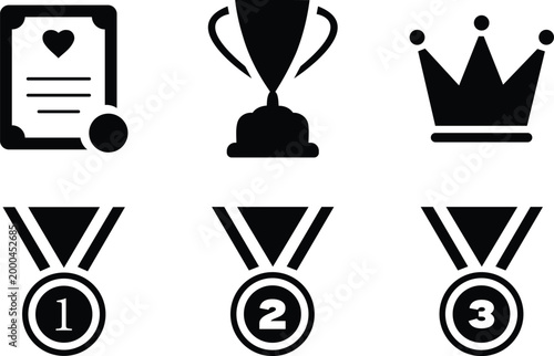 Collection of victory symbols including certificate with heart trophy cup crown and numbered medals for achievement