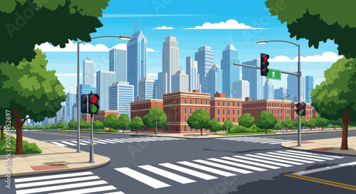 Cityscape Intersection with Traffic Lights and Pedestrian Crosswalk, Urban Scene