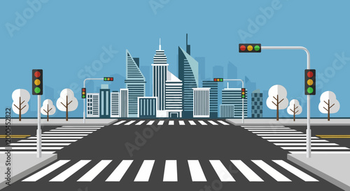 Cityscape with Crosswalk and Traffic Lights, Urban Street Scene, Modern City Life