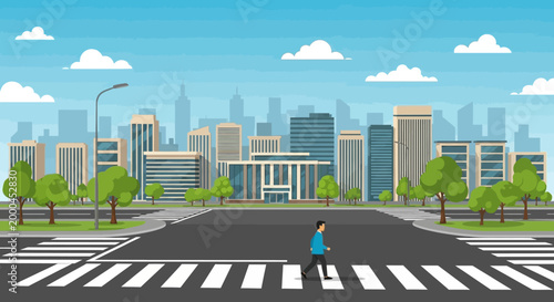 Cityscape with Pedestrian Crossing a Street in Front of Modern Buildings