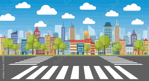 Cityscape with Pedestrian Crossing and Buildings Under Blue Sky with Clouds
