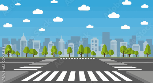 Cityscape with Pedestrian Crossing and Green Trees